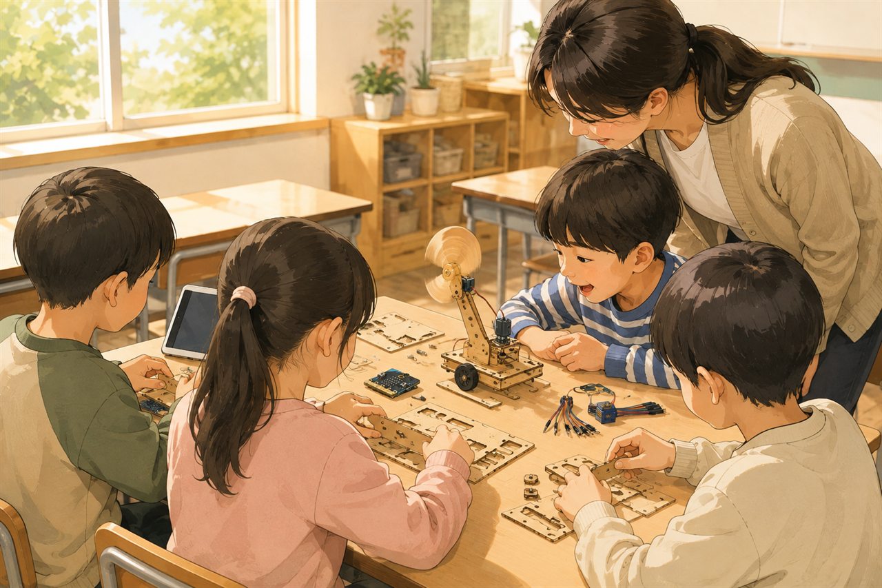 표쌤코딩 수업 현장 — 아이들이 나무 키트와 마이크로비트로 작품을 만들고 선생님이 옆에서 지도하는 모습